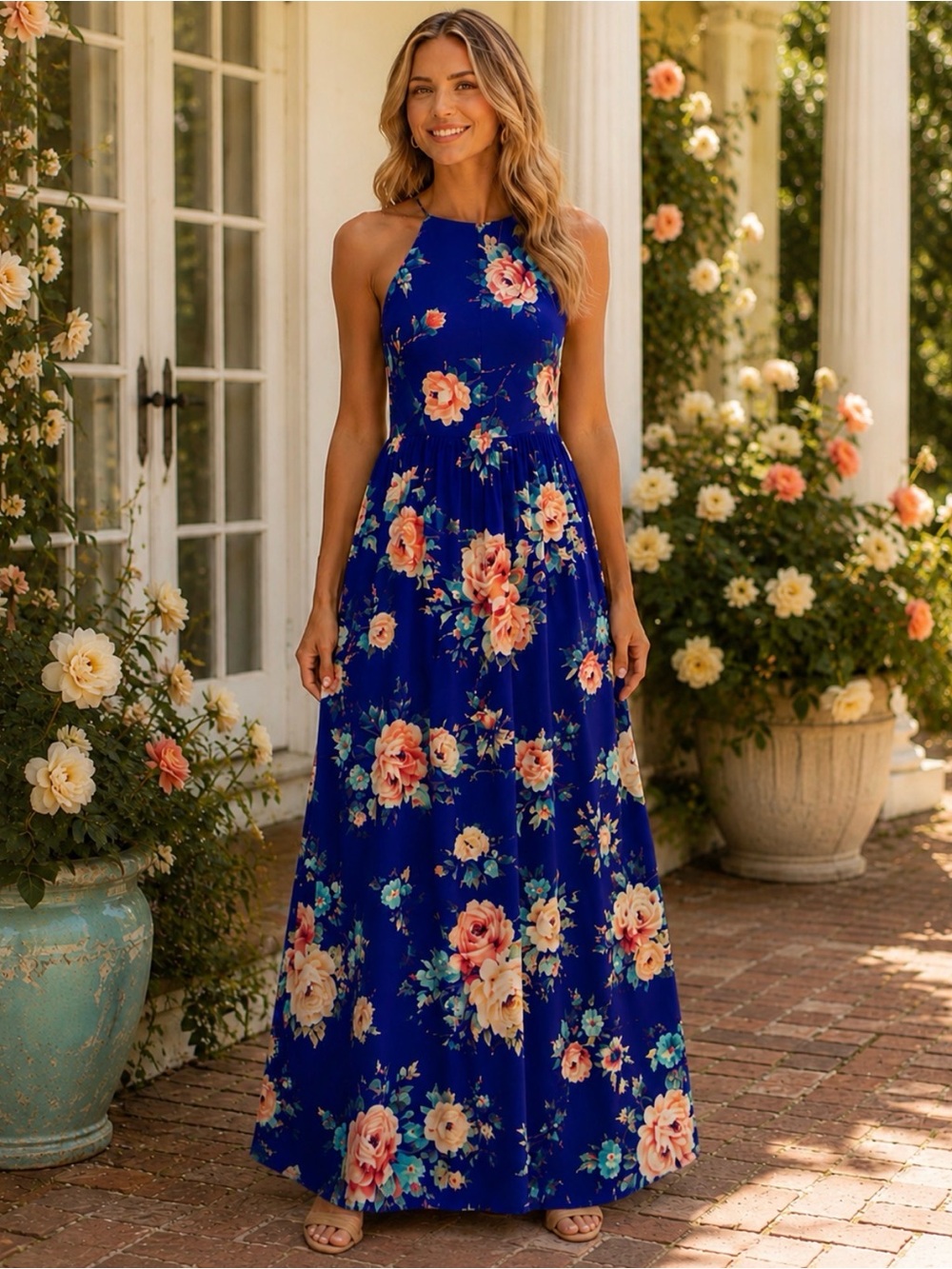 Everly Blue Floral Maxi Dress Small High Halter Neck Sleeveless